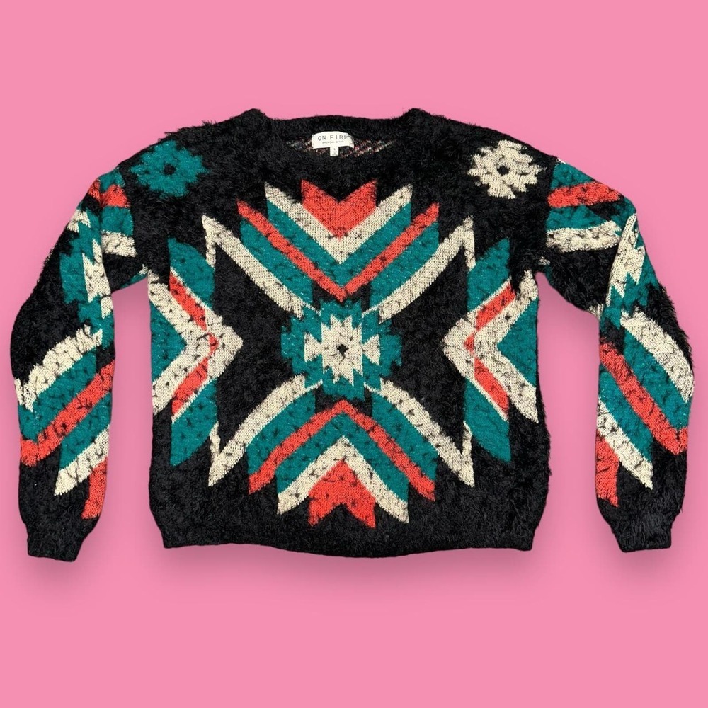 On Fire Aztec Tribal Boho Indie Soft Fuzzy Eyelash Pullover Sweater Size L